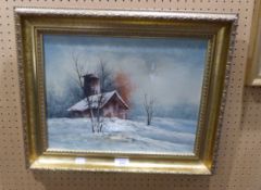 TODD OIL PAINTING ON CANVAS SNOW SCENE WITH BUILDING 11 1/2" X 15 1/2" (A.F.)