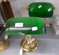 A PAIR OF GILT BRASS DESK LAMPS WITH OPAQUE GREEN GLASS SHADES