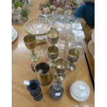 MIXED LOT TO INCLUDE; PLATED GOBLETS, PRESSED GLASS DECANTERS, ALABASTER POT AND MORE (12)