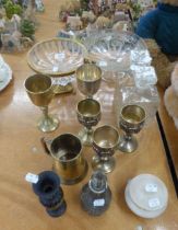 MIXED LOT TO INCLUDE; PLATED GOBLETS, PRESSED GLASS DECANTERS, ALABASTER POT AND MORE (12)