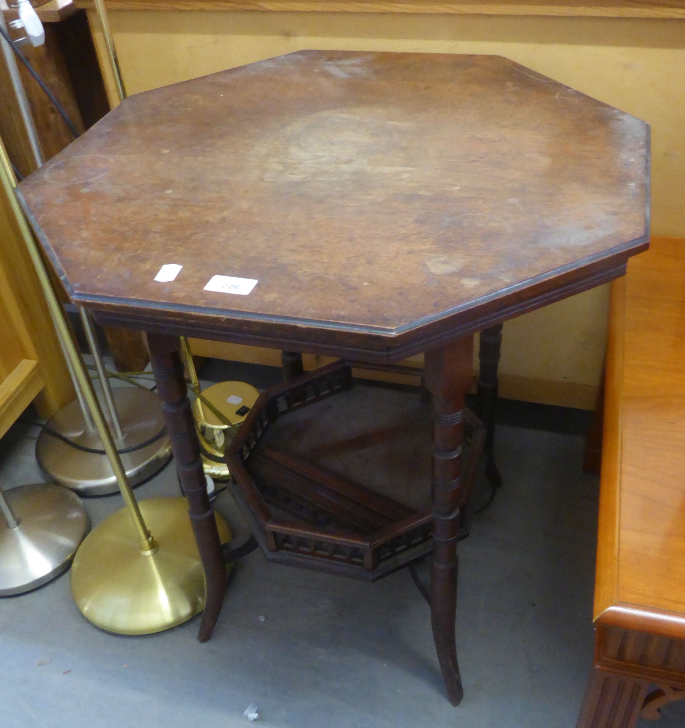 NINETEENTH CENTURY AESTHETICS RED WALNUT OCTAGONAL OCCASIONAL TABLE, WITH GALLERIED SHELF STRETCHER