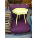 A PURPLE COLOURED FABRIC LOW SEATED BEDROOM CHAIR AND A HEXAGONAL TOP TRIPOD SIDE TABLE (2)