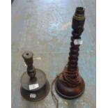 A HEAVY METAL 19TH CENTURY GAS TABLE LAMP BASE AND A BOBBIN TURNED WOOD TABLE LAMP (2)