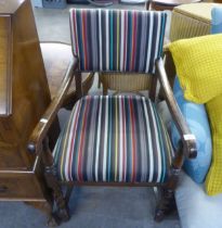 OAK CARVER DINING CHAIR, ON BARLEY SUGAR TWISTED LEGS WITH PAUL SMITH STYLE UPHOLSTERY