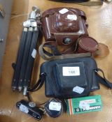 OLYMPUS 35 SP ROLL FILM CAMERA, A LIGHT METER, A FOLDING CAMERA TRIPOD ETC....