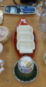 POOLE 'AEGEAN' DISH, THREE OTHERS, A TEA POT STAND AND A SHELLEY TOAST RACK (6)