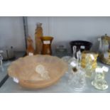 ART DECO PINK FROSTED GLASS FLOWER BOWL AND THE CIRCULAR FLOWER BRICK SURMOUNTED BY A SEATED SEMI-