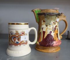 BURLEIGH WARE ELIZABETH II CORONATION COMMEMORATIVE JUG EMBOSSED WITH A SCENE OF THE ACTUAL