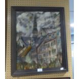 RUSSIAN SCHOOL PAINTING TOWNSCAPE SIGNED AND LABELLED VERSO 19 ½” X 15 ½”