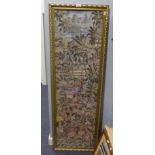 A LARGE BALINESE PAINTING ON FABRIC, VILLAGE SCENE WITH NUMEROUS FIGURES WORKING IN THE FIELDS, GILT