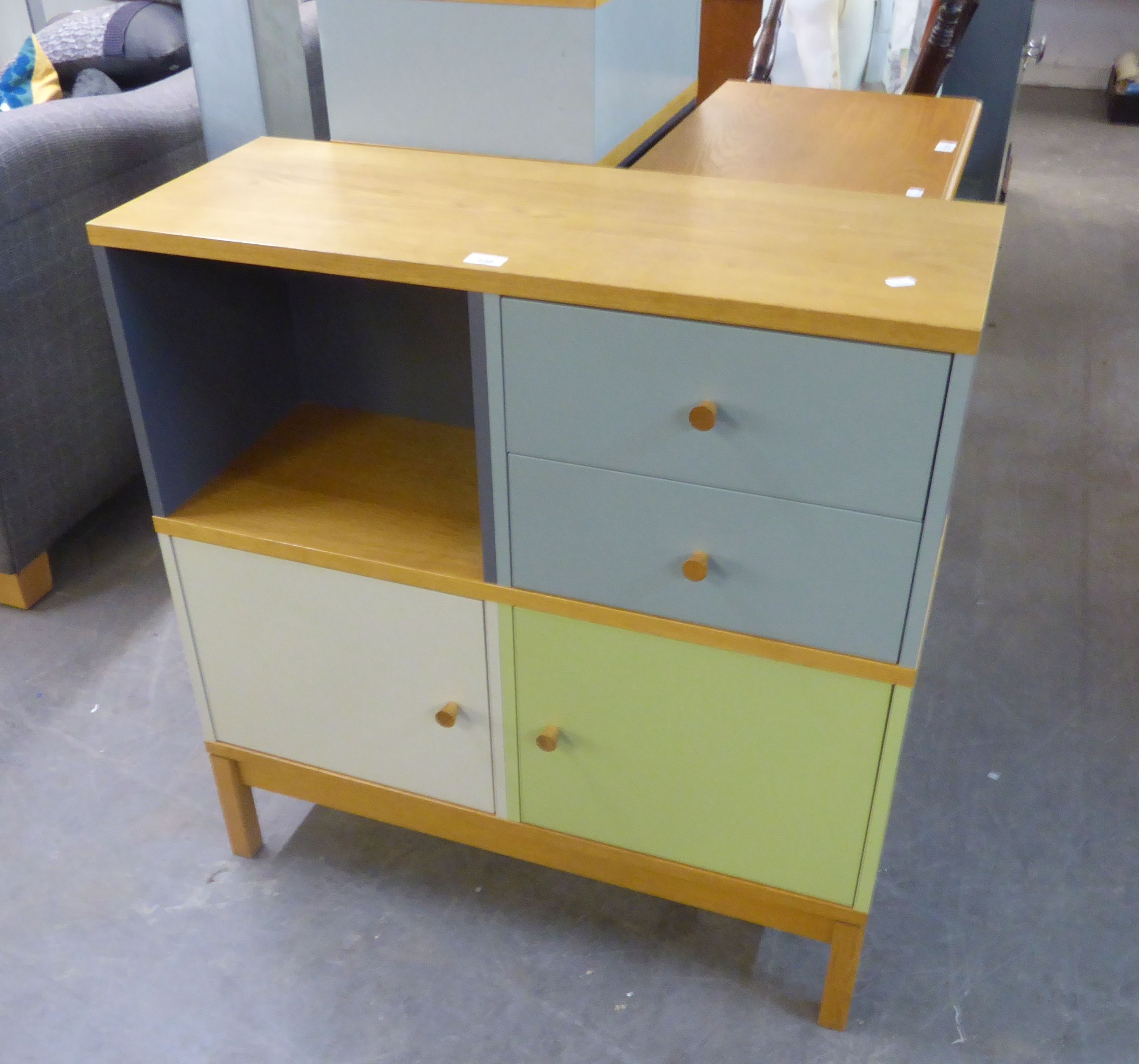 JOHN LEWIS MULTI-COLOURED TALL BOY CABINET, HAVING TWO DRAWERS AND OPEN SECTION ABOVE TWO - Image 2 of 2