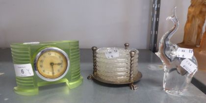 ART DECO PALE GREEN TRANSLUCENT GLASS MANTEL CLOCK, BOW FRONTED WITH FLUTED SIDES; VILER STUDIO