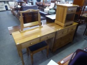 SUITE OF PINE BEDROOM FURNITURE INCLUDING DRESSING TABLE, CHEST, NIGHT STAND AND STOOL (4)