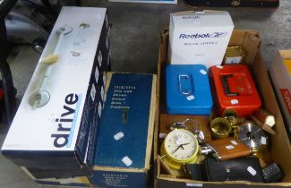 MIXED LOT TO INCLUDE; TWO CAST BOXES, A REEBOK GYM BALL, TWO MANTEL CLOCKS, A BAROMETER, OLD
