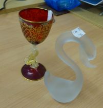 A MURANO DOLPHIN CHALICE AND A STUDIO GLASS SWAN (A.F.) (2)