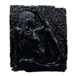 MODERN WELL CARVED WOODEN BLACK JAPANNED BAS-RELIEF OF A YOUNG SQUATTING NAKED FEMALE AGAINST