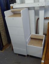 A MODERN TALL NARROW WHITE WELLINGTON CHEST OF 5 DRAWERS, TOGETHER WITH A MATCHING BEDSIDE CHEST