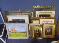 A LARGE SELECTION OF PICTURES AND PRINTS TO INCLUDE; VARIOUS OIL ON BOARDS, LOWRY PRINT, VASE OF
