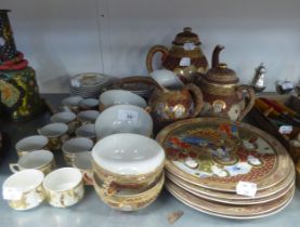 MTK HAND PAINTED SATSUMA TEA SERVICE 'THE IMPORTALS' COMPRISING; TEAPOT, SUGAR BOWL, MILK JUG,