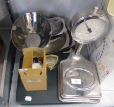 VINTAGE SALTER SCALES, SALTER CHROME KITCHEN SCALES AND A SMALL QUANTITY OF STAINLESS STEEL WARES