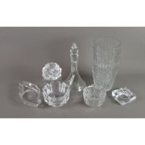 STUDIO GLASS: Orrefors vase and Dartington style rosebud vase, plus a sliver mounted vodka decanter
