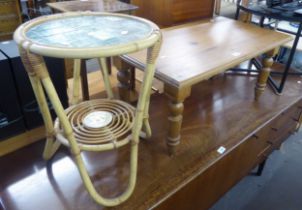 A PINE OBLONG COFFEE TABLE AND A BAMBOO CIRCULAR LAMP TABLE WITH GLASS TOP (2)