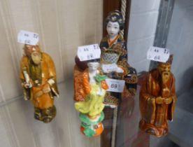 JAPANESE SATSUMA SEATED GEISHA FIGURE RECEIVER AND THREE OTHER EASTERN FIGURES