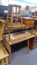 A TEAK TELEPHONE TABLE/SEAT, A FORMICA WOOD-EFFECT KITCHEN TABLE AND A CIRCULAR HARDWOOD STOOL