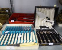 A SELECTION OF TABLE CUTLERY TO INCLUDE; A CASED SET OF CAKE FORKS, ETC......