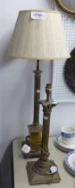 TABLE LAMPS; BRASS CORINTHIAN CAPITAL TABLE LAMP, PLUS ANOTHER PLAIN EXAMPLE ON SOCLE BASE WITH