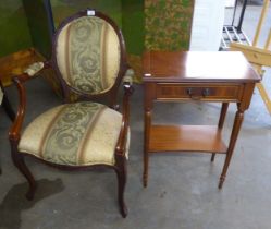 A REPRODUCTION CABRIOLE LEGGED HEPPLEWHITE REVIVAL OPEN ARMCHAIR AND A REPRODUCTION SMALL SIDE