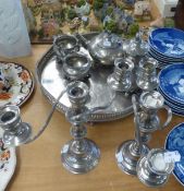 SILVER PLATED WARES; A PAIR OF THREE BRANCH CANDELABRA PLUS A FOUR PIECE TEA AND COFFEE SET ON