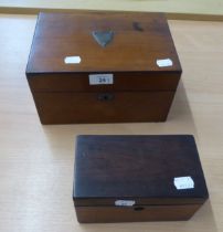 VICTORIAN MAHOGANY JEWELLERY BOX, WITH FITTED LIFT-OUT TRAY AND AN ANTIQUE MAHOGANY TEA CADDY (LACKS