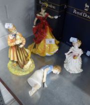 FOUR ROYAL DOULTON FIGURES, VIZ FIGURE OF THE YEAR, BELLE, HN 3703; PUPPY LOVE, HN 3371; BRIDESMAID,