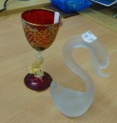 A MURANO DOLPHIN CHALICE AND A STUDIO GLASS SWAN (A.F.) (2)
