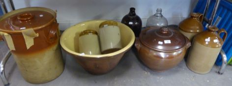 A COLLECTION OF SALT GLAZED STONEWARE VESSELS INCLUDING; A LARGE DOUGH TROUGH, A BREAD CROCK,