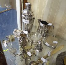 GOOD SELECTION OF ELECTROPLATE TO INCLUDE; HIP FLASK, COCKTAIL SHAKER, TABLE LIGHTER, COASTERS, JUG,