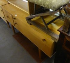 A BLOND WOOD LONG, LOW DRESSING TABLE, WITH FULL-WIDTH MIRROR