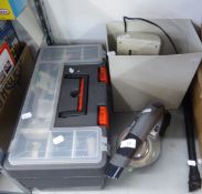 A G-TEC HAND-HELD VACUUM, A PAPER SHREDDER AND A PLASTIC TOOL BOX AND CONTENTS (3)