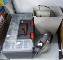 A G-TEC HAND-HELD VACUUM, A PAPER SHREDDER AND A PLASTIC TOOL BOX AND CONTENTS (3)