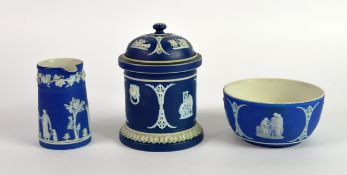 WEDGWOOD: Wedgwood Portland blue tobacco jar, plus jug and bowl [3]