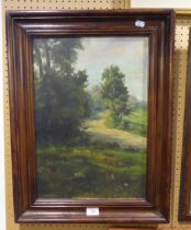 OIL PAINTING; W. GILBERT OIL ON BOARD PASTORAL SCENE WITH GREEN LANE SIGNED LOWER LEFT 19 1/2" X