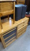 PARKER KNOLL BLOND WOOD HIFI CABINET WITH GLASS DOOR AND LIFT-UP TOP, CONTAINING A TECHNICS STACKING