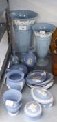 FIFTEEN PIECES OF MAINLY WEDGWOOD PALE BLUE AND WHITE JASPERWARE, TWO INCLUDE; TWO LARGE TRUMPET