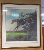 A LARGE CLAIRE EVA BURTON PRINT OF ALDANTI SIGNED BY THE ARTIST AND JOCKEY (BOB CHAMPION) 33" X 29