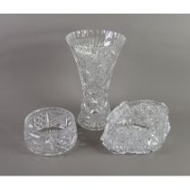LARGE CUT GLASS FLOWER VASE, of waisted form, 14” (35.5cm) high, bad rim chip, together with TWO CUT