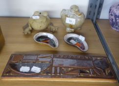 SCANDINAVIAN STYLE CERAMIC PLAQUE, POTTERY DUCK, FROG AND TWO MUSSEL SHELL DISHES [4]