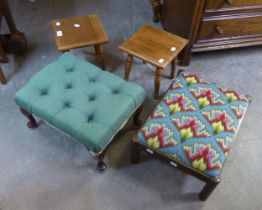 TWO RECTANGULAR FOOTSTOOLS WITH TAPESTRY COVERING AND TWO SMALL WOODEN PLANT STANDS