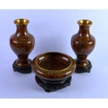 MODERN ORIENTAL THREE PIECE CLOISONNE GARNITURE, comprising: PAIR OF VASES, 10”(25.4cm) high, and