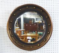 REGENCY STYLE CIRCULAR BEVELLED EDGE WALL MIRROR, IN GILT FRAME WITH BALL ORNAMENTS